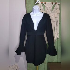 NWOT Venus Bodycon dress in Black with Bell Sleeves and Plunging Neck Small